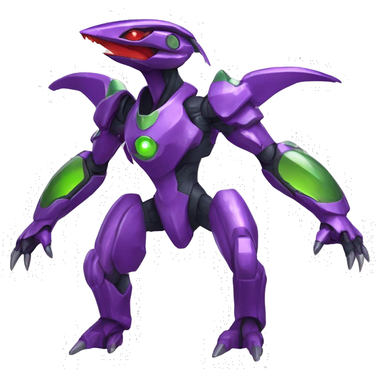a shiny purple-green-red Genesect-Raptor-Fakémon—hybrid with a futuristic visor-helmet full body emoji