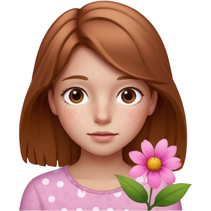 Girl with With light brown hair and a summer pink flower on her head and freckles emoji