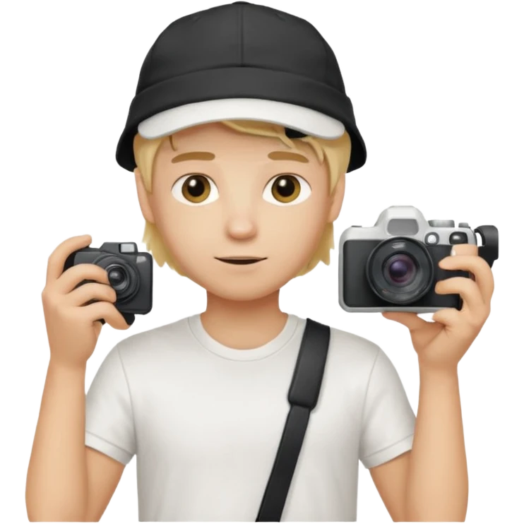 Young male, holding camera, white t-shirt, cap, blond hair emoji