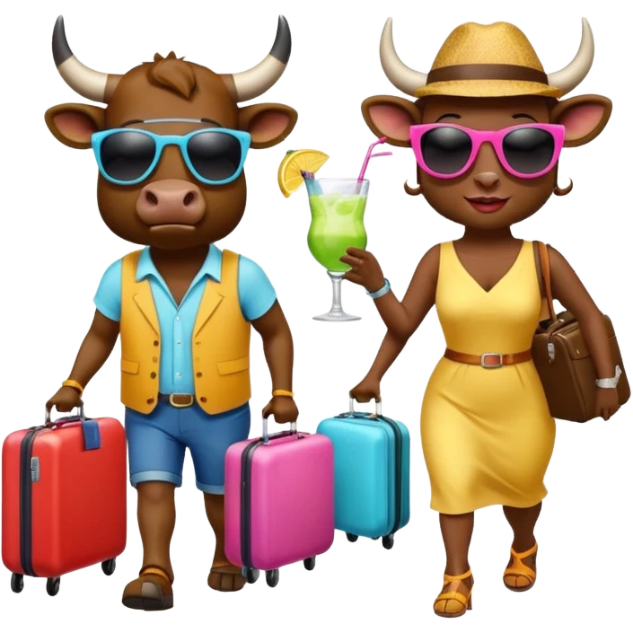 generate an emoji of a group of up to 8 male and female bulls travelling together on holidays. One bull has a suitcase, one has sunglasses, one is carrying a cocktail. They're all in motion, walking together. Make the characters look like bulls. They wear summer clothes emoji