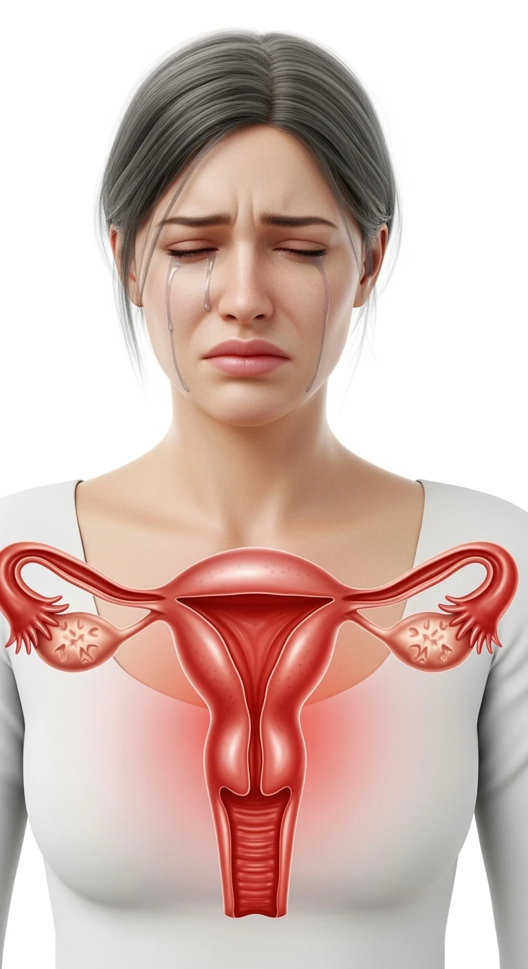 donna con utero umano realistico in evidenza dolorante, espressione di dolore in volto, sfondo bianco emoji