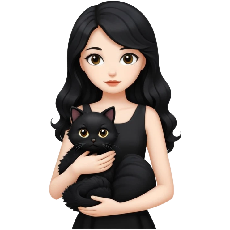 a beautiful girl with long black hair and black furry cat. She is wearing a black dress and has wave-like hair emoji