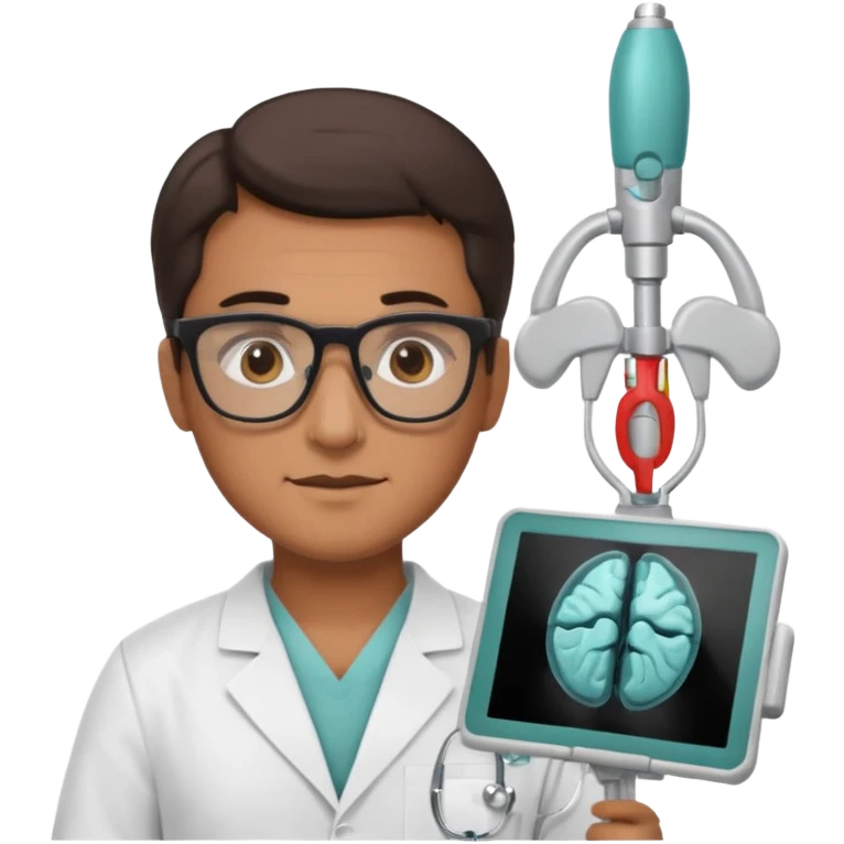 male neurosurgeon with glasses, holding MRI scan and extra surgical tools, apple emoji style emoji