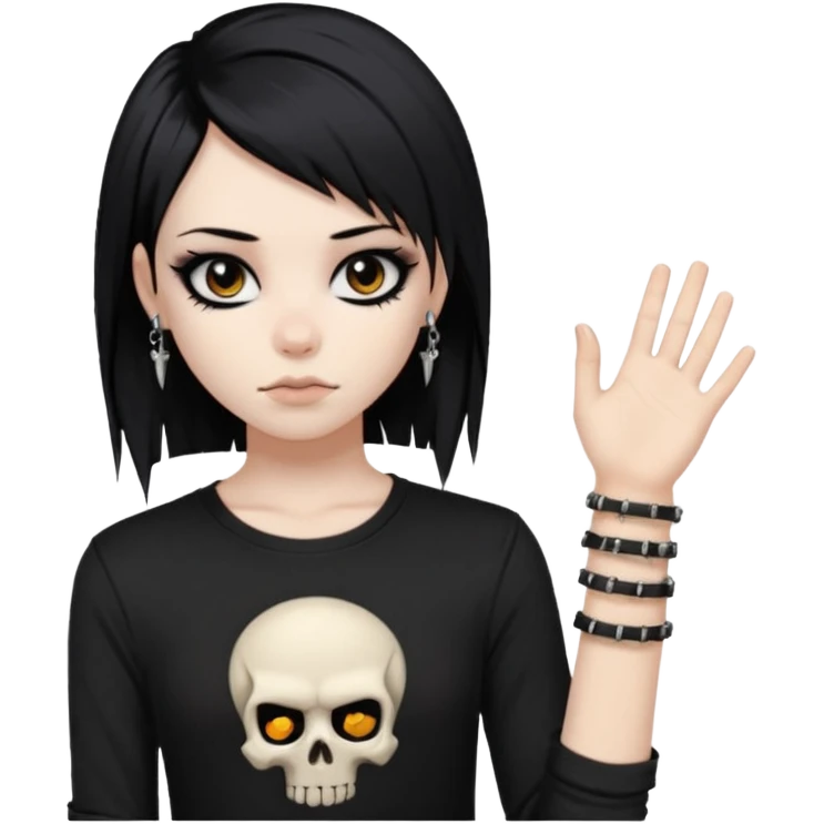 vkei styled black hair, pale skin, brown eyes with eyeliner (emo looking) and black shirt with skull and punk bracelets emoji