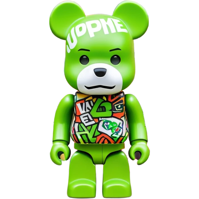 classic bearbrick figure with lime green mask filled with overlapping brand logos in wild graffiti style, street art aesthetic, many random logos like LV, Supreme, Nike all over the mask, bold eyebrows emoji