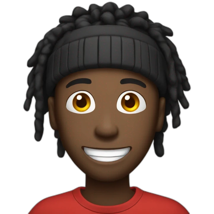 Black guy with dreads and red beanie with open wide mouth smiling with his tongue out while he is looking only with his eyes up emoji