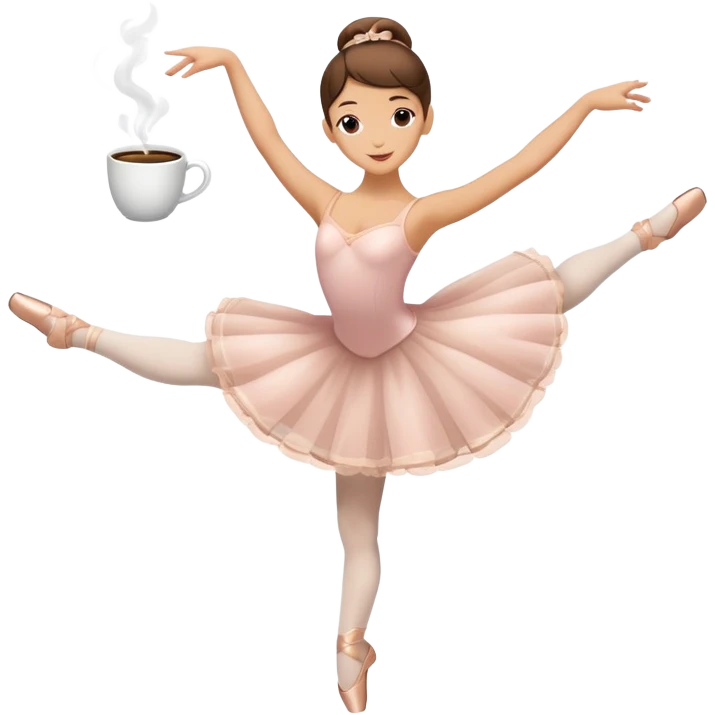 Coffee cup with steam wearing ballet slippers and performing an arabesque pose emoji