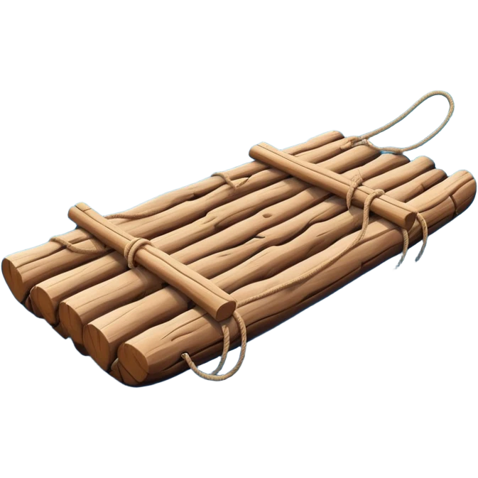 showing a simple wooden raft floating on calm blue water — made of several brown logs tied together with rope — gentle ripples around it — bright, cheerful lighting and soft shadows — minimalist, clean emoji design emoji