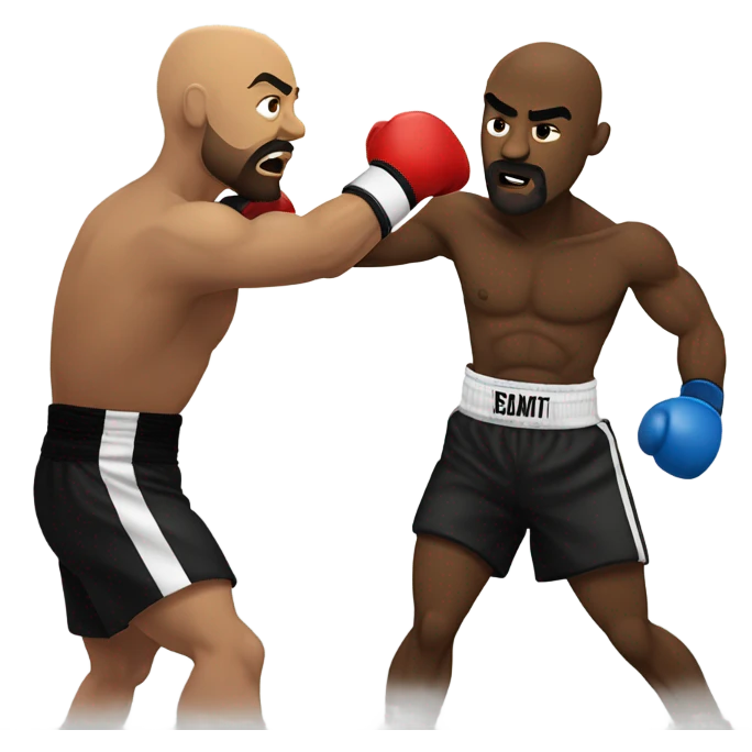 Bald-headed muscular black boxer with a goatee delivering the knockout blow to his opponent.  emoji