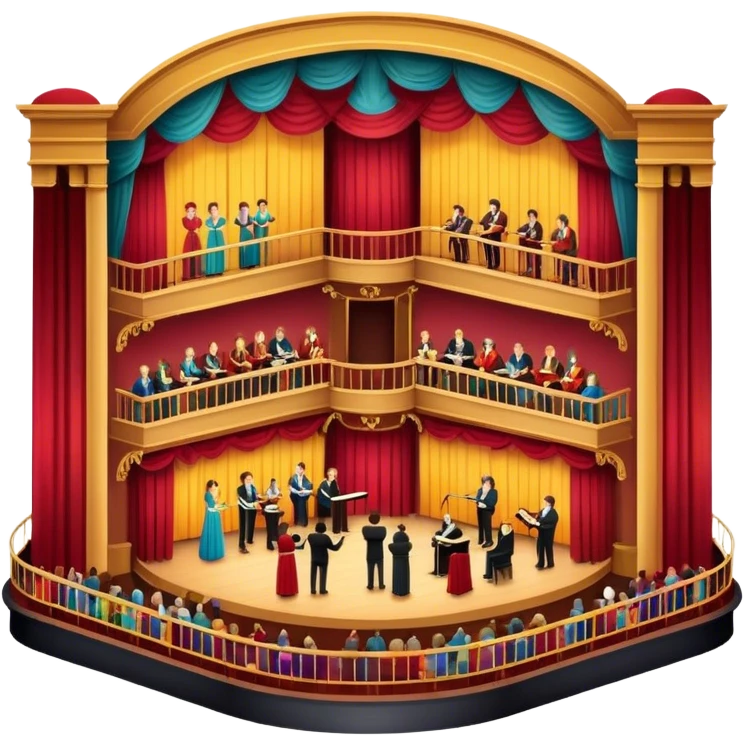 An icon depicting a theater stage with actors performing a play, illuminated by dramatic lighting. The audience watches from colorful balconies, while an orchestra plays in the pit, creating an immersive atmosphere. transparent background. emoji