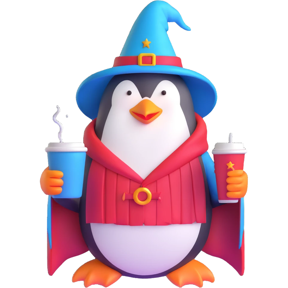 Penguin wizard drinking coffee while using iPhone emoji