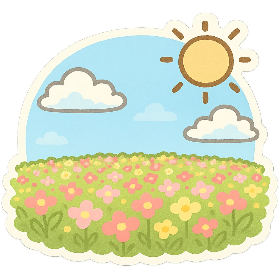 一片花海，蓝天，白云，太阳 emoji