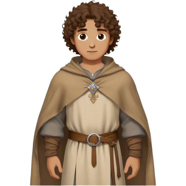 medieval outfit worn by a DnD themed fantasy character. basic linen tunic with a thick wool poncho draped over the shoulders. clothes only above the waist. The clothes full waist. The character's haven't arms. character is curly brown hair brown eyes medium-length hair tan-skinned man. emoji