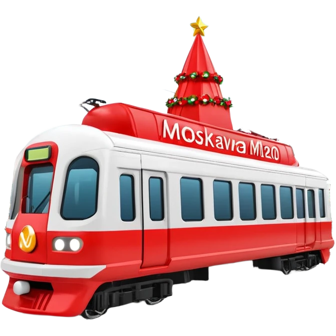 Apple iOS style 3D emoji of a
Moscow Metro train (modern
"Moskva-2020" model) decorated for
New Year. The train has a large red Santa hat on its front and is wrapped in glowing LED garlands. A bright iconic red letter
"M" logo is positioned next to it. Smooth glossy plastic, soft 3D render,  emoji