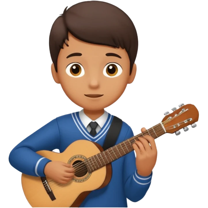 Teen boy – wearing school uniform, holding classical guitar, practicing chords. emoji
