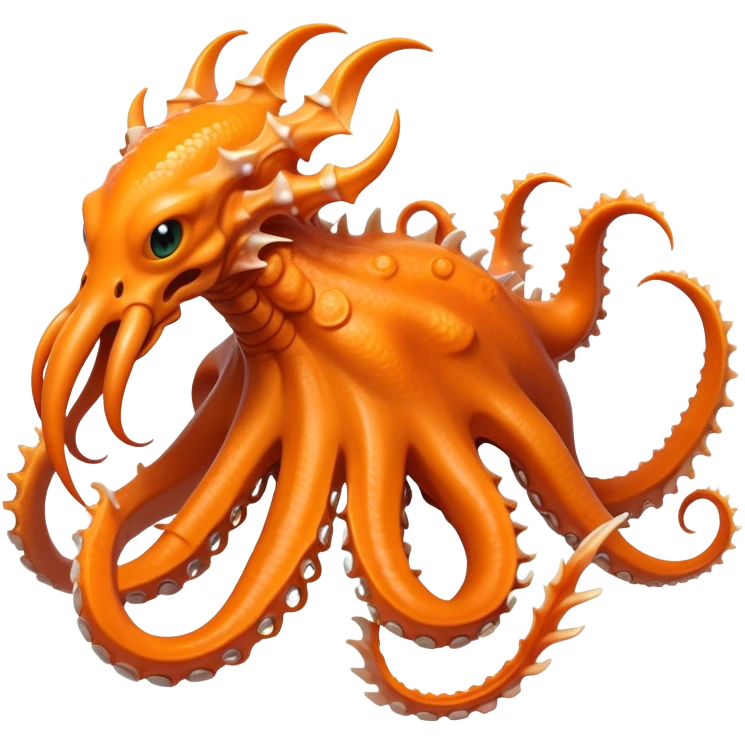 Create a hybrid creature with the agile tentacles and dragon-like features of the orange Dracquid, but with rocky, crystalline growths forming armored segments along its body and a powerful stone jaw like Boulderbite, resulting in a territorial sea guardian that ambushes prey by disguising itself as a coral reef formation before striking with surprising speed. full body, only the creature emoji
