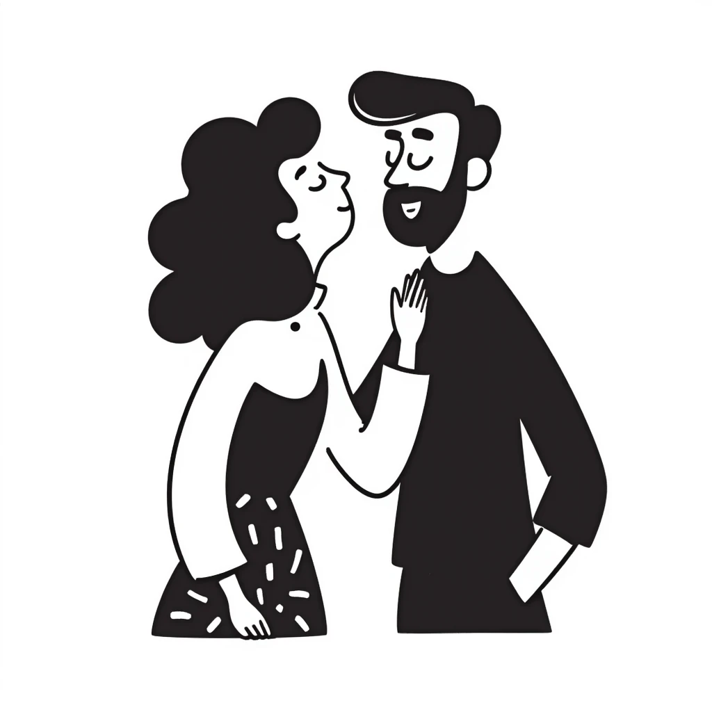 Curly haired woman with curly hair kissing a man with straight hair and a beard, cute couple emoji