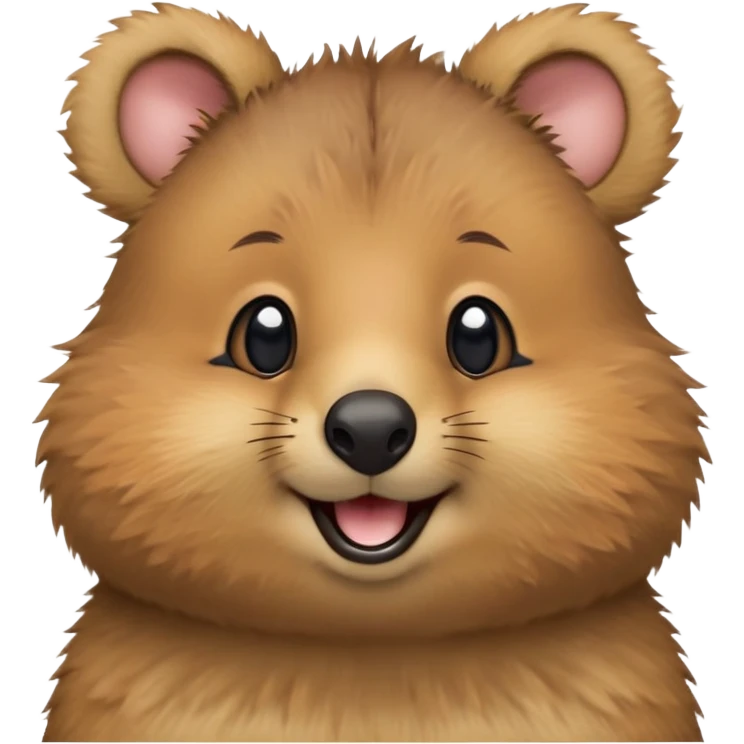 cinematic-realistic quokka-emoji,-small-round-frame, head tilted in an endearing manner, comical smile, round cheeks, giant-fluffy-cheeks-large-smile-fluffy-brown-fur-radiating-a-warm-softness,-big-round-eyes-filled-with-joy, realistic round  fluffy zoomed in, large black eyes one paw raised in the air emoji