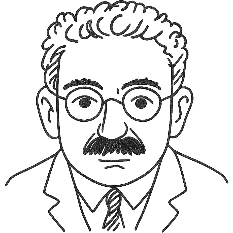 a hand drawn black outline portrait of Walter Benjamin with similar size eyes based a famous photograph of him emoji