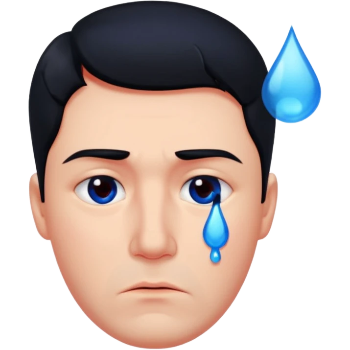 man with black hair. His face is intensely red, visibly flushed and over-reddened, as if he's been crying hard. His expression is sad, and a single blue clear tear flows down his cheek. emoji