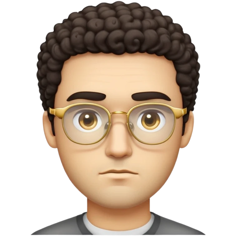 Man with square face, thick straight eyebrows, short curly dark hair, light facial scruff, serious neutral expression, wearing large square golden glasses emoji