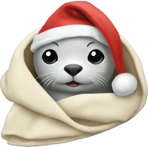 Baby seal in a blanket wearing a Santa hat emoji