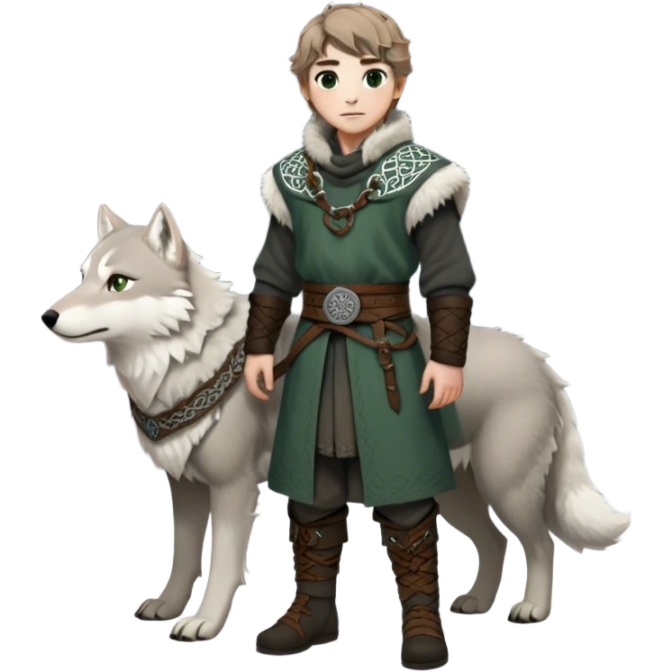 Medieval winter outfit worn by a DnD themed fantasy male character. Heavy charcoal wool tunic with arctic wolf fur lining, adorned with intricate iron clasps and a thick leather belt with celtic knotwork. Clothes only above the waist, full waist coverage. The character has no arms. Character is white-skinned with light brown hair, gray-green eyes, and short wavy hair dusted with winter's touch. emoji