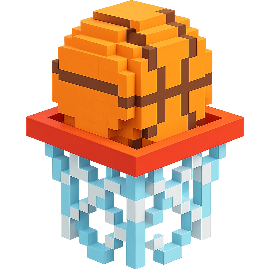 Voxel-style basketball in a net, no background, variation 1. emoji
