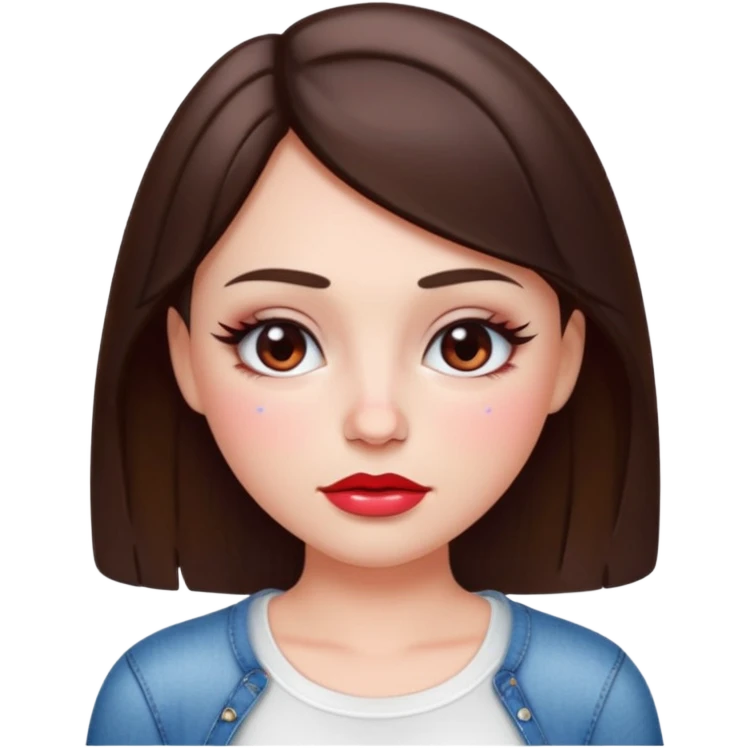 “Emoji brunette girl white top, dewy skin, heavy blush across cheeks and nose bridge, glossy cherry lips, soft eyeliner, teary sparkling eyes like hanni from new jeans emoji