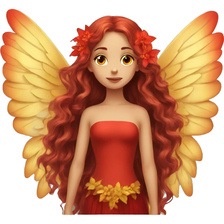 big wings, flower, Beautiful, fairy, red, gold,red, long hair emoji
