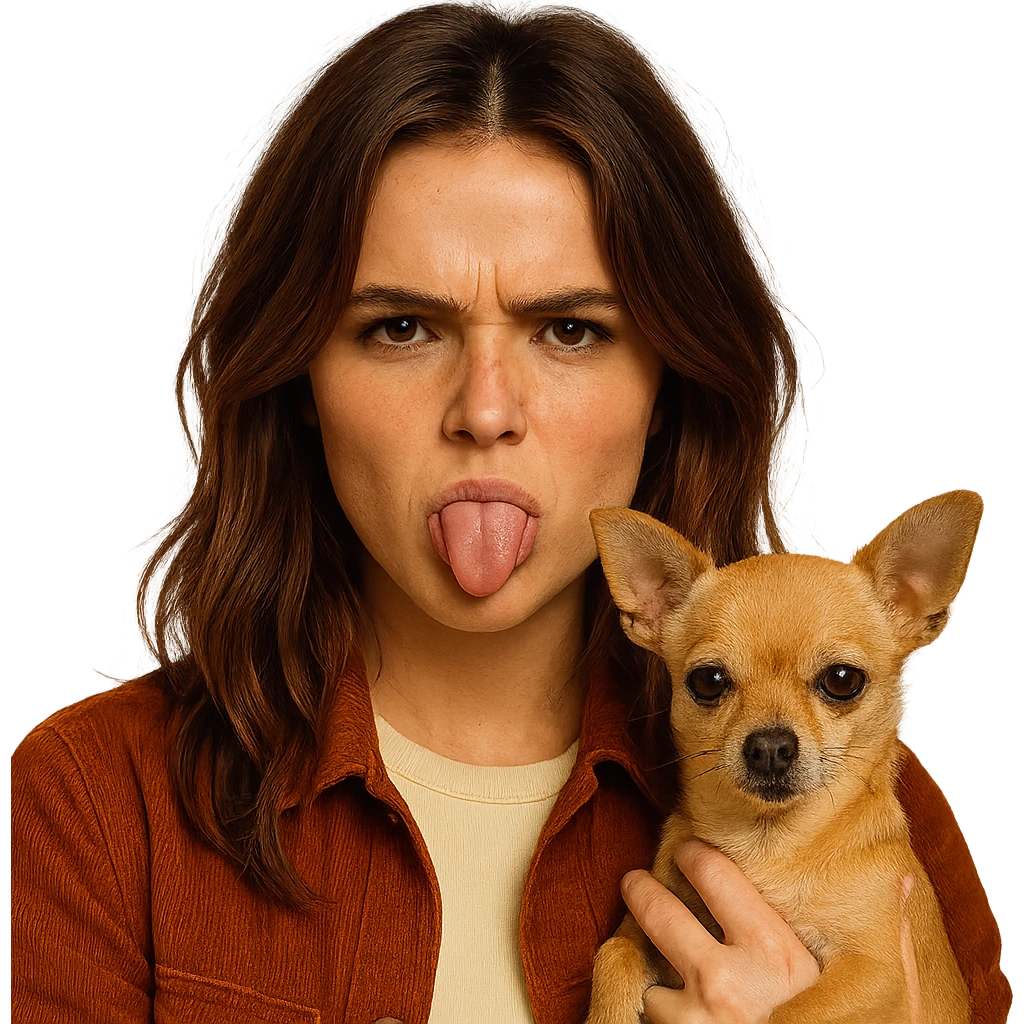 Create a portrait for an Instagram profile picture inspired by the facial features visible in the reference images. The subject has a tanned complexion with subtle freckles, wearing a shirt in color #FFF8CA and a rust-colored jacket. Hair is medium-length brown with auburn highlights. The expression is rebellious and playful. The subject is holding a beige-brown chihuahua. The style is inspired by a Netflix series, with an intimate and expressive atmosphere reminiscent of Tenerife. The background should be transparent. emoji