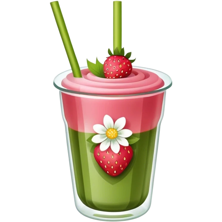 flower glass cup with strawberry matcha inside and straw emoji
