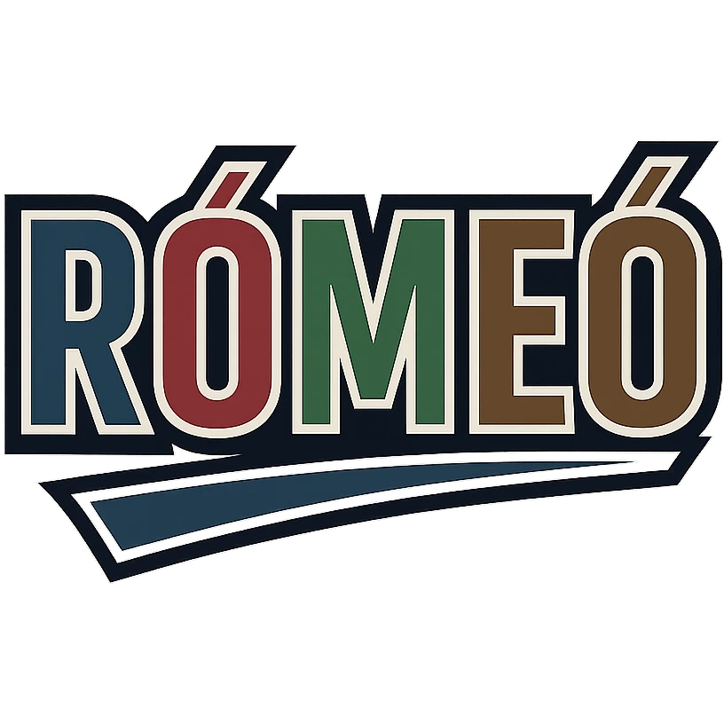 The name 'Rómeó' in a masculine, modern font with gradient colors including blue, gray, burgundy, green, and brown. The text uses precise Hungarian characters, has a dark outline, extra thick and prominent white letter border, and a dynamic slanted underline. Image size 1000x1000 px, PNG format, transparent background. emoji