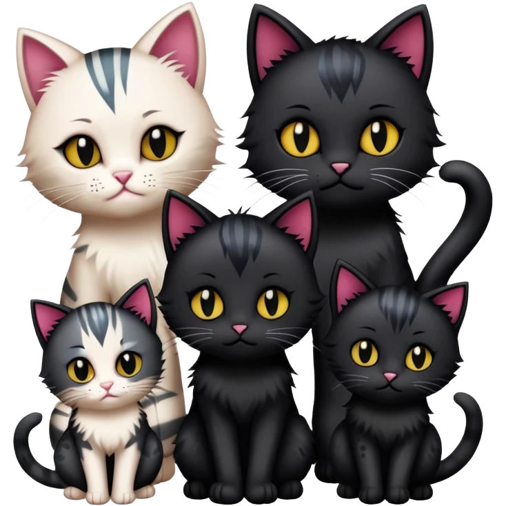 three emo cats in love with tattoos and cool hair, plus five emo kittens emoji