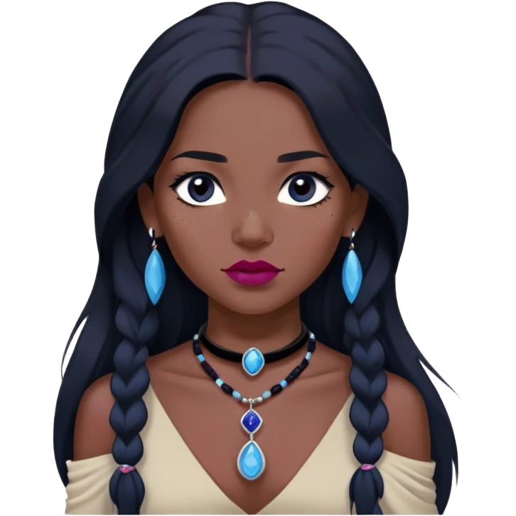 woman katara native american dark skin freckles dark black long hair reddish pink lipstick choker necklace with sapphire pendant emoji