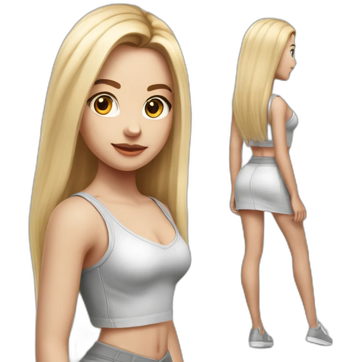 hyperrealist caucasian girl, long straight blonde hair, white v-neck laced crop top, grey tight micro skirt, walking towards camera emoji