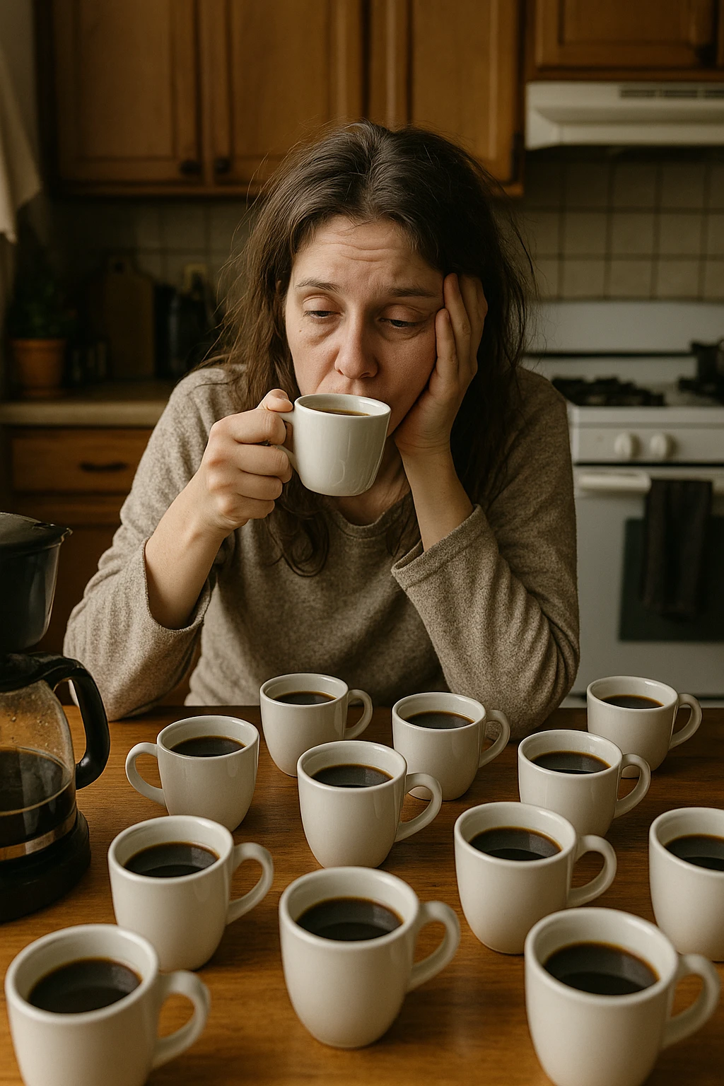 donna con stanchezza cronica distrutta e stanca che si fa tanti caffè emoji
