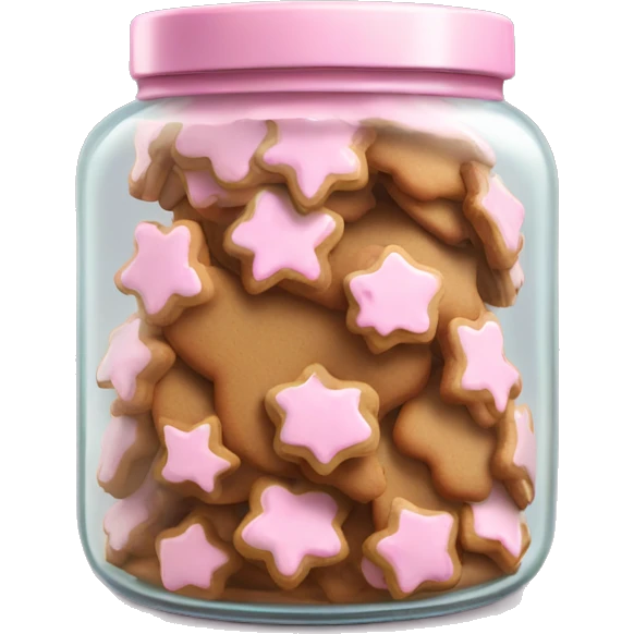 Realistic glass cookie jar with light pink lid full of gingerbread cookies isolated.  emoji