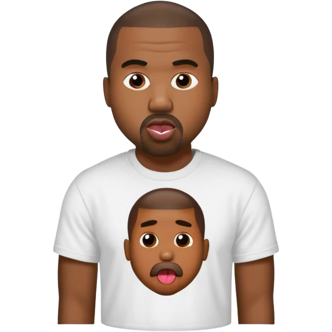 Kanye West with his tongue out, wearing a t-shirt that says 'I love my cousin' emoji