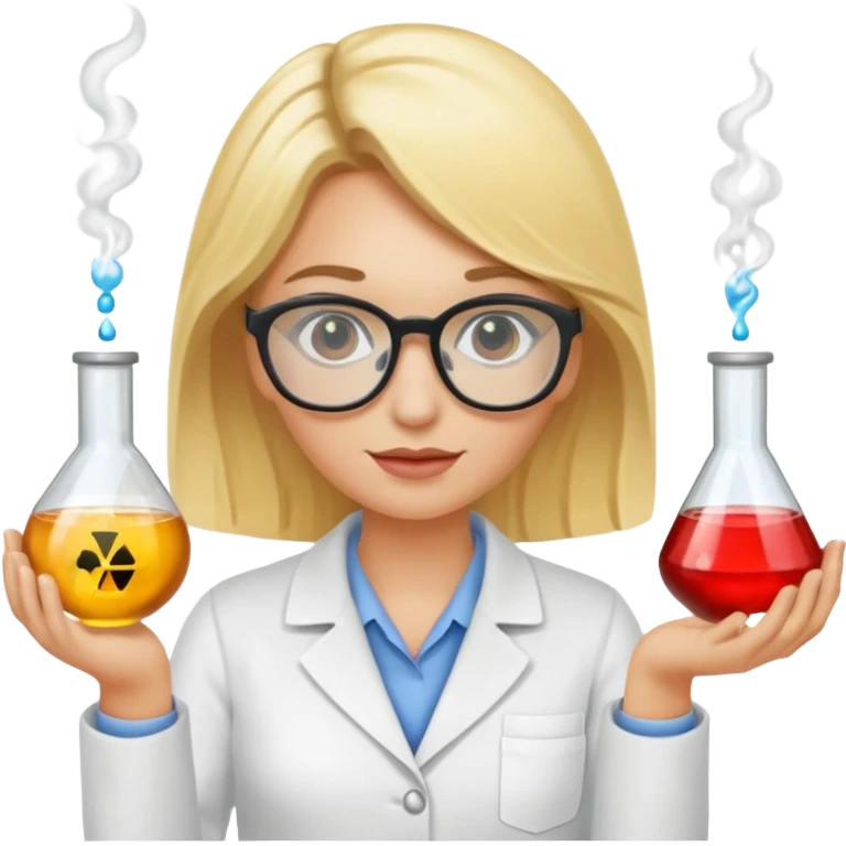 Eine hellblonde Chemikerin mit typischem Erlmeyerkoblben in der Hand und Chemiebrille auf emoji