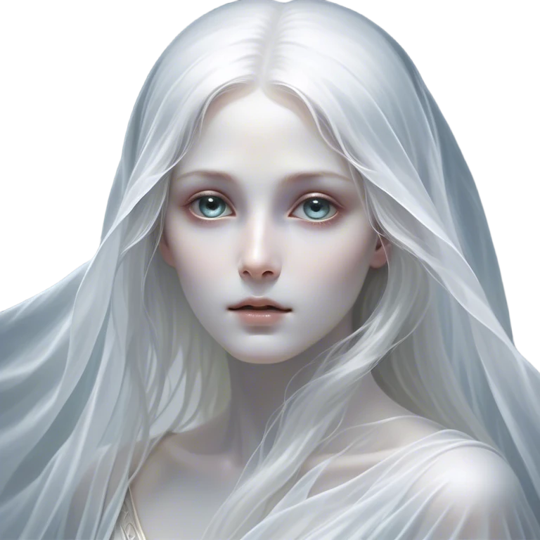 Cinematic Noble Ghost Portrait Emoji, Ethereal and dignified, with a flowing, translucent form in silvery-white hues, wispy and majestic, and a calm, otherworldly expression with deep, thoughtful eyes, simplified yet sophisticated features, highly detailed, glowing with a soft, spectral radiance, high shine, exuding regal mystery and quiet authority, with a soft glowing outline that captures the essence of a ghostly guardian drifting from another realm! emoji
