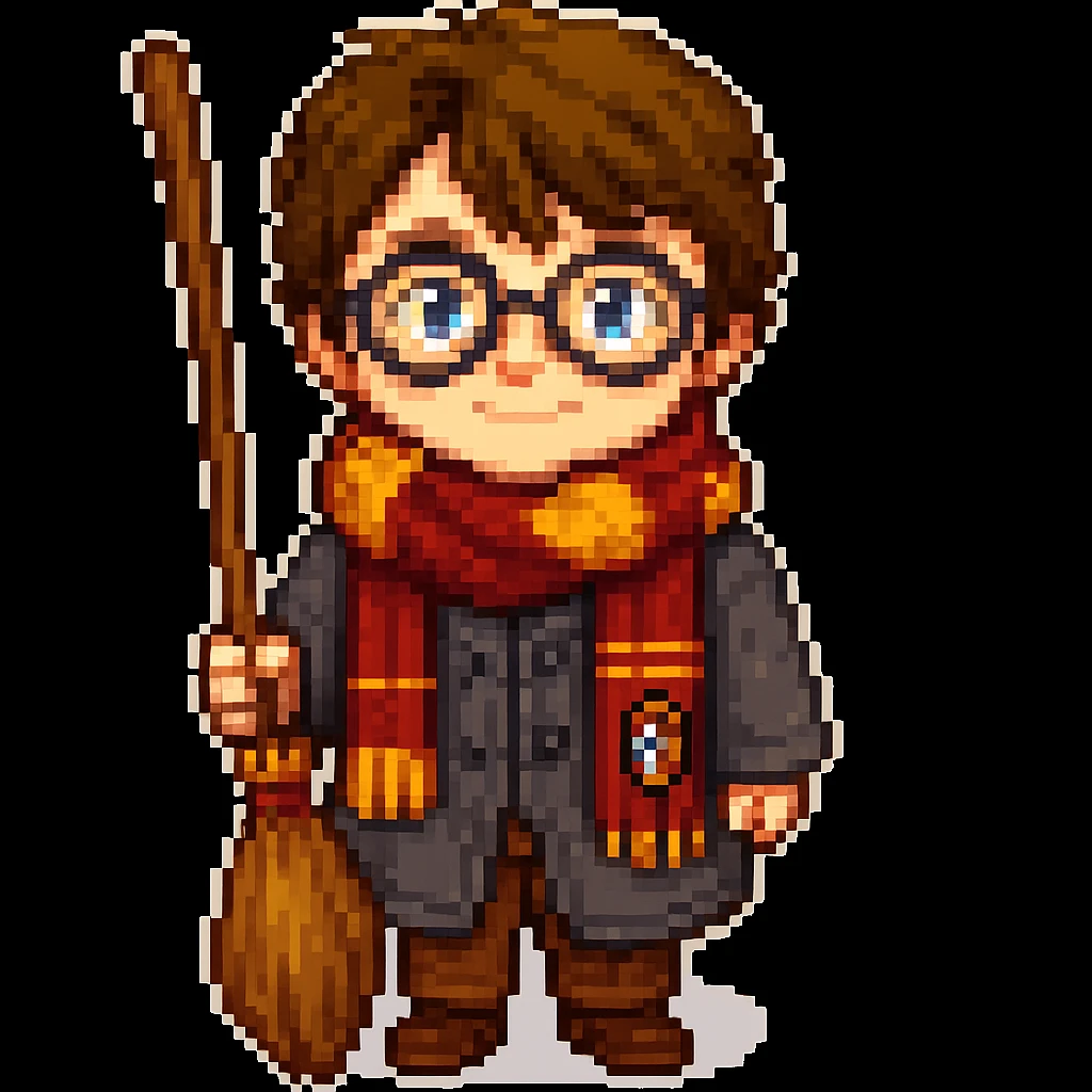 Add a broomstick to Harry Potter in pixel art style, keep round glasses and Gryffindor scarf emoji