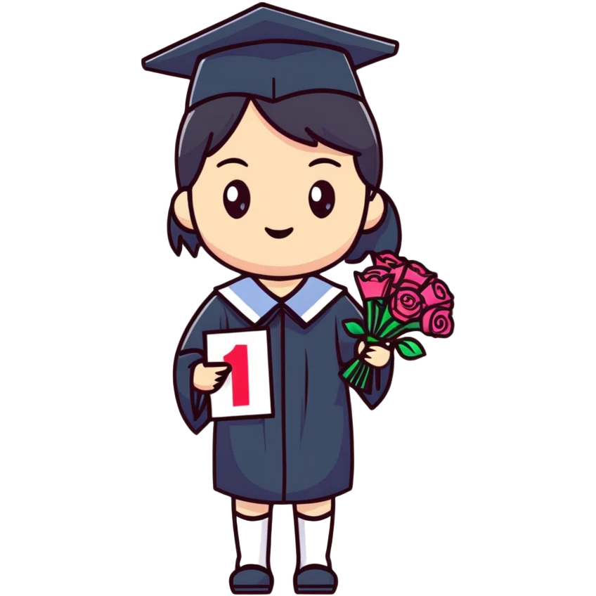 Cute Japanese high school girl in graduation ceremony with bouquet and diploma emoji