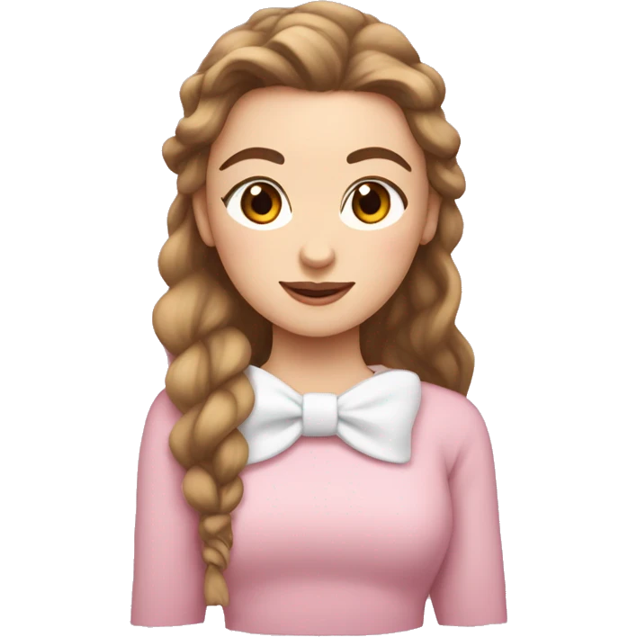 white girl with brown wavy hair in a pony tail with a white bow and a fringe, pink sweater emoji