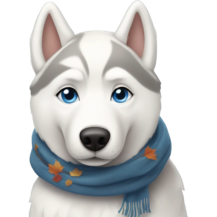White Siberian husky with blue eyes wearing an autumn scarf emoji