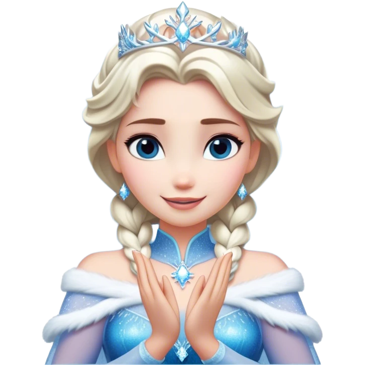 Cinematic Elegant Elsa Portrait Emoji, Standing gracefully with snowflakes forming in her hands, a soft yet confident smile, frosty shimmer surrounding her, a queen in perfect icy splendor! emoji