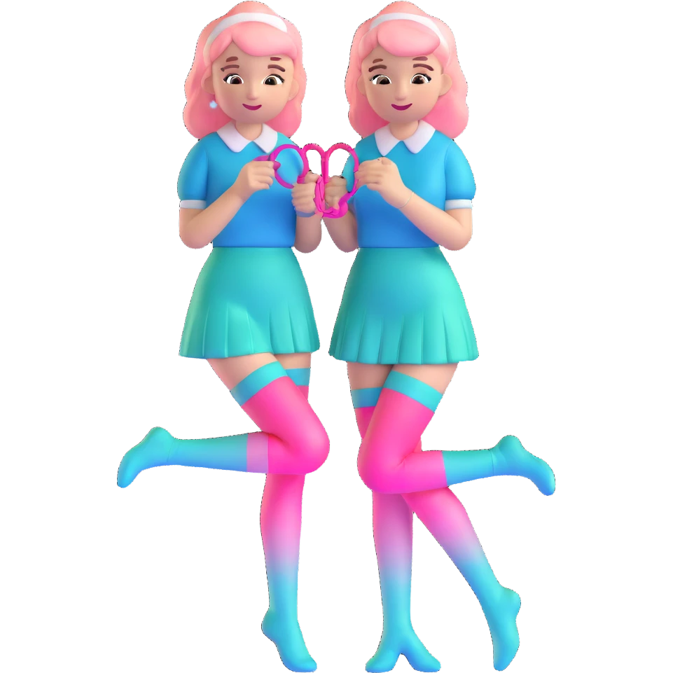 Cute girl character in stockings adjusting fashion accessory, pink gradient from bright pink to light pink, transparent glass style with highlights emoji