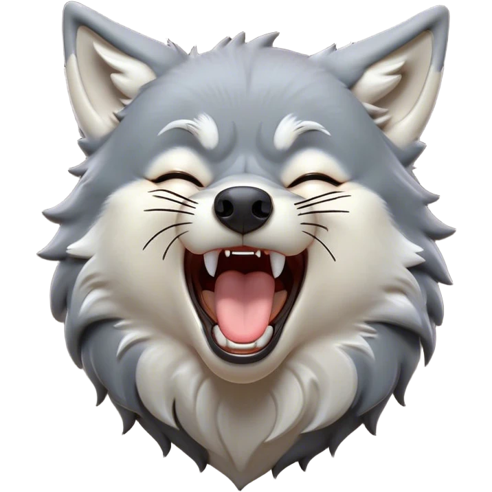 Cinematic Cute Yawning Wolf Portrait Emoji, Head tilted slightly with a dramatic, wide-open yawn, showcasing a smooth grey and white Fur with drooping ears, round eyes barely open in drowsy contentment, Simplified yet irresistibly adorable features, highly detailed, glowing with a soft, cozy glow, high shine, relaxed yet expressive, stylized with a touch of wild whimsy, bright and endearing, soft glowing outline, capturing the essence of a sleepy yet affectionate wolf, so drowsy it feels like it could stretch out of the screen and curl up for a nap! emoji