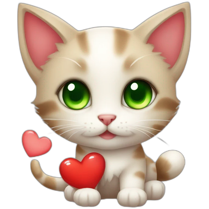 Super cute kitten with green anime eyes holding red hearts emoji