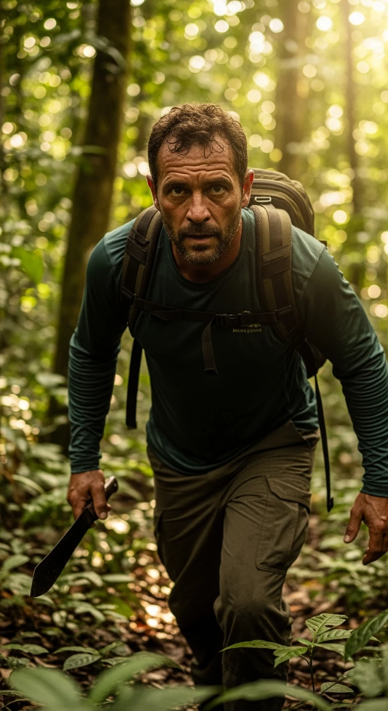 cinematic still, documentary photography, amazon jungle, well lit scene, man is exploring the jungle, close up, front shot emoji